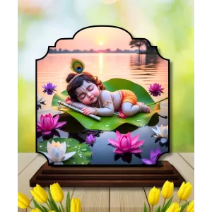 Car Dashboard/Table Top Little Krishna  Wooden Rectangle Photo Stand  3x4 Inches, Compact & Stylish Spiritual Display For Car, Home & Office (Pack Of 1) (F22311)