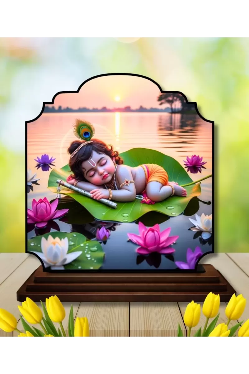 Car Dashboard/Table Top Little Krishna  Wooden Rectangle Photo Stand  3x4 Inches, Compact & Stylish Spiritual Display For Car, Home & Office (Pack Of 1) (F22311)
