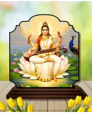 Car Dashboard/Table Top Goddess Saraswathi Wooden Rectangle Photo Stand  3x4 Inches, Compact & Stylish Spiritual Display For Car, Home & Office (Pack Of 1) (F22312)