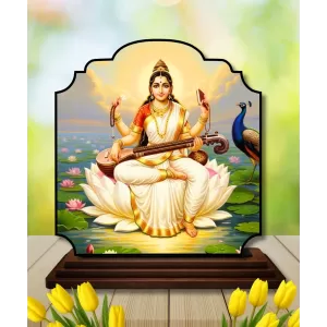 Car Dashboard/Table Top Goddess Saraswathi Wooden Rectangle Photo Stand  3x4 Inches, Compact & Stylish Spiritual Display For Car, Home & Office (Pack Of 1) (F22312)