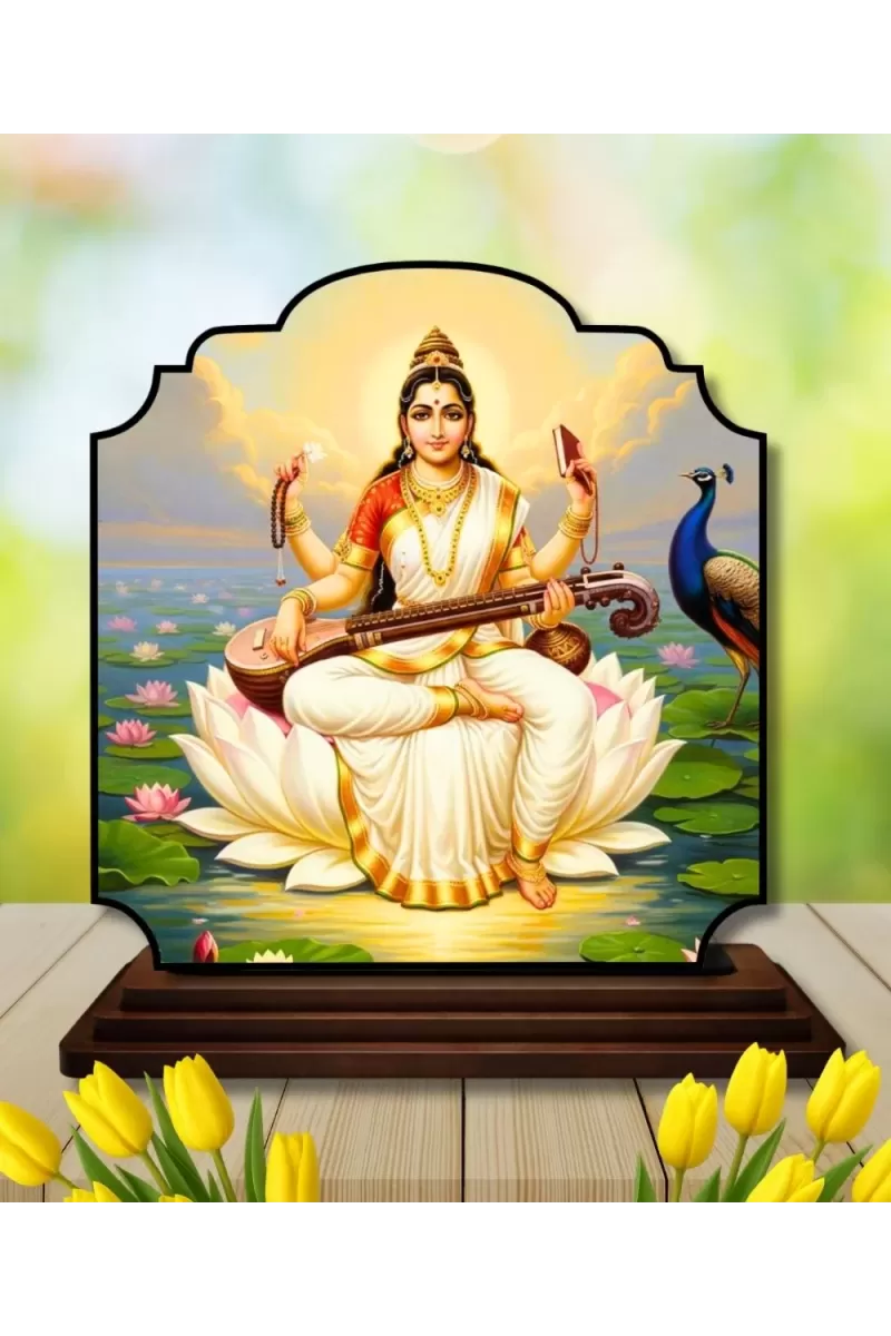 Car Dashboard/Table Top Goddess Saraswathi Wooden Rectangle Photo Stand  3x4 Inches, Compact & Stylish Spiritual Display For Car, Home & Office (Pack Of 1) (F22312)