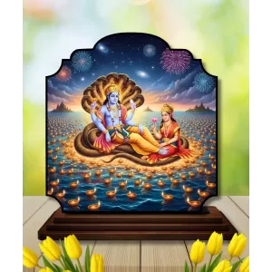 Car Dashboard/Table Top Lord Vishnu And Lakshmi Wooden Rectangle Photo Stand  3x4 Inches, Compact & Stylish Spiritual Display For Car, Home & Office (Pack Of 1) (F22317)