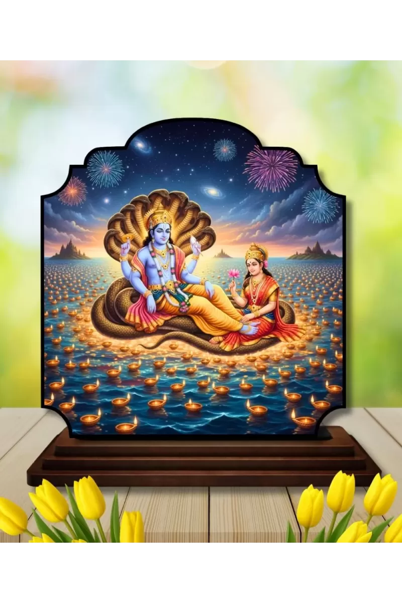 Car Dashboard/Table Top Lord Vishnu And Lakshmi Wooden Rectangle Photo Stand  3x4 Inches, Compact & Stylish Spiritual Display For Car, Home & Office (Pack Of 1) (F22317)