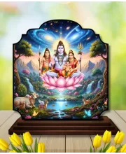 Car Dashboard/Table Top Lord Shiva And Parvathi And Ganesha Wooden Rectangle Photo Stand  3x4 Inches, Compact & Stylish Spiritual Display For Car, Home & Office (Pack Of 1) (F22322)