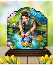 Car Dashboard/Table Top Radha Krishna Wooden Rectangle Photo Stand  3x4 Inches, Compact & Stylish Spiritual Display For Car, Home & Office (Pack Of 1) (F22326)