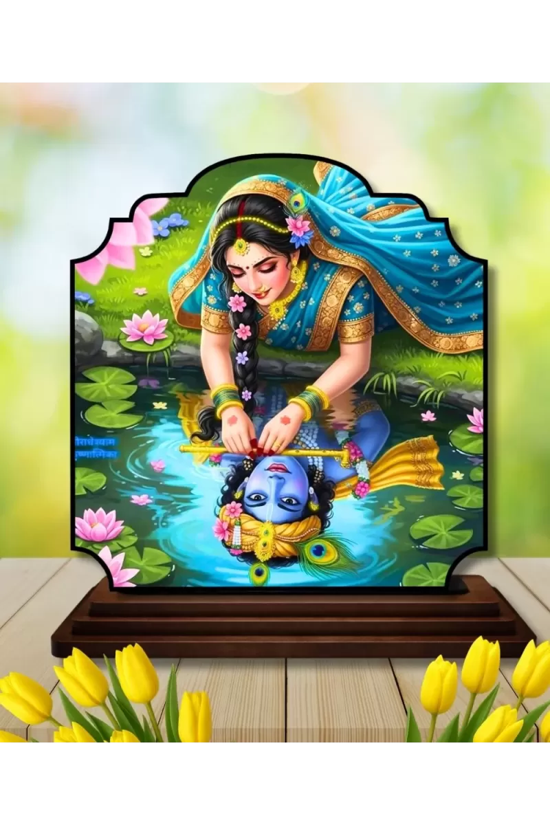 Car Dashboard/Table Top Radha Krishna Wooden Rectangle Photo Stand  3x4 Inches, Compact & Stylish Spiritual Display For Car, Home & Office (Pack Of 1) (F22326)