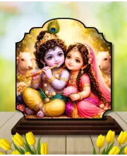 Car Dashboard/Table Top Radha Krishna Wooden Rectangle Photo Stand  3x4 Inches, Compact & Stylish Spiritual Display For Car, Home & Office (Pack Of 1) (F22333)