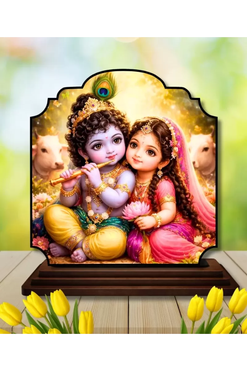 Car Dashboard/Table Top Radha Krishna Wooden Rectangle Photo Stand  3x4 Inches, Compact & Stylish Spiritual Display For Car, Home & Office (Pack Of 1) (F22333)