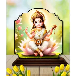 Car Dashboard/Table Top Little Saraswati Wooden Rectangle Photo Stand  3x4 Inches, Compact & Stylish Spiritual Display For Car, Home & Office (Pack Of 1) (F22335)