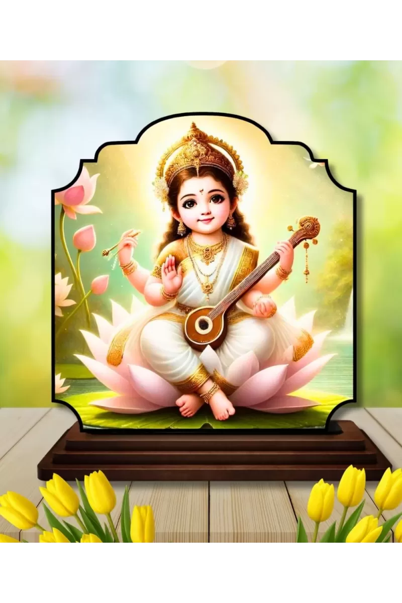 Car Dashboard/Table Top Little Saraswati Wooden Rectangle Photo Stand  3x4 Inches, Compact & Stylish Spiritual Display For Car, Home & Office (Pack Of 1) (F22335)