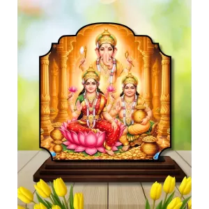 Car Dashboard/Table Top Lord Ganesha And Lakshmi And Kubera Wooden Rectangle Photo Stand  3x4 Inches, Compact & Stylish Spiritual Display For Car, Home & Office (Pack Of 1) (F22338)
