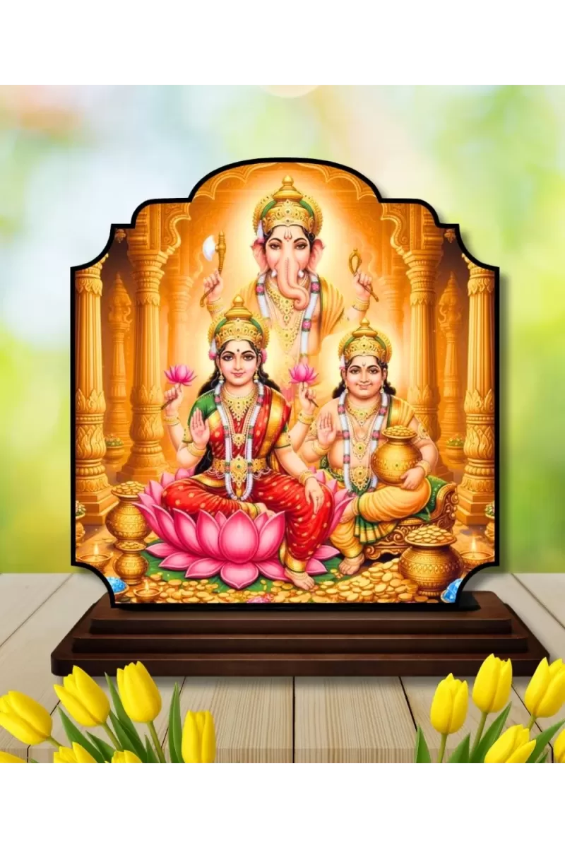 Car Dashboard/Table Top Lord Ganesha And Lakshmi And Kubera Wooden Rectangle Photo Stand  3x4 Inches, Compact & Stylish Spiritual Display For Car, Home & Office (Pack Of 1) (F22338)