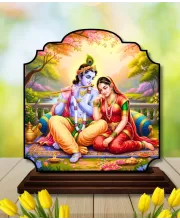Car Dashboard/Table Top Radha Krishna Wooden Rectangle Photo Stand  3x4 Inches, Compact & Stylish Spiritual Display For Car, Home & Office (Pack Of 1) (F22339)