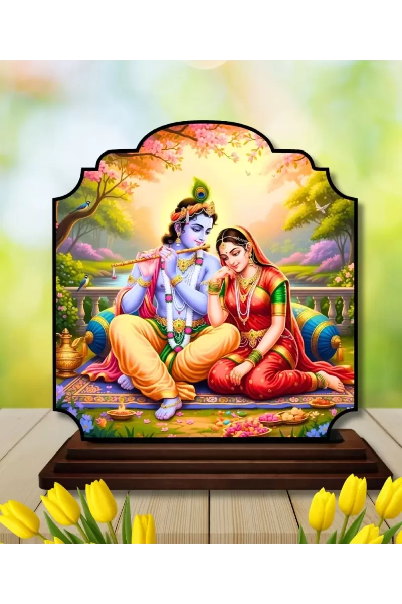 Car Dashboard/Table Top Radha Krishna Wooden Rectangle Photo Stand  3x4 Inches, Compact & Stylish Spiritual Display For Car, Home & Office (Pack Of 1) (F22339)