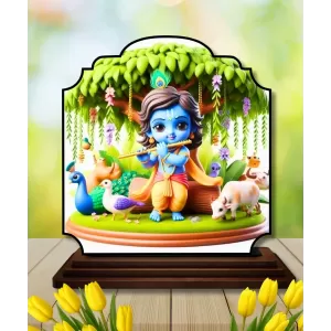 Car Dashboard/Table Top Lord Krishna Wooden Rectangle Photo Stand  3x4 Inches, Compact & Stylish Spiritual Display For Car, Home & Office (Pack Of 1) (F22342)