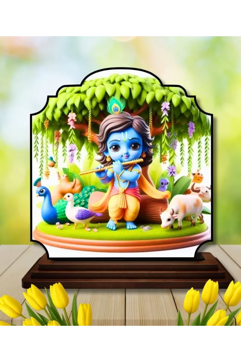 Car Dashboard/Table Top Lord Krishna Wooden Rectangle Photo Stand  3x4 Inches, Compact & Stylish Spiritual Display For Car, Home & Office (Pack Of 1) (F22342)