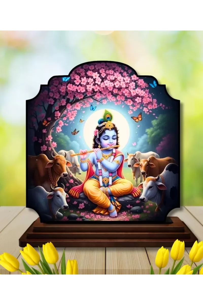 Car Dashboard/Table Top Lord Krishna Wooden Rectangle Photo Stand  3x4 Inches, Compact & Stylish Spiritual Display For Car, Home & Office (Pack Of 1) (F22345)