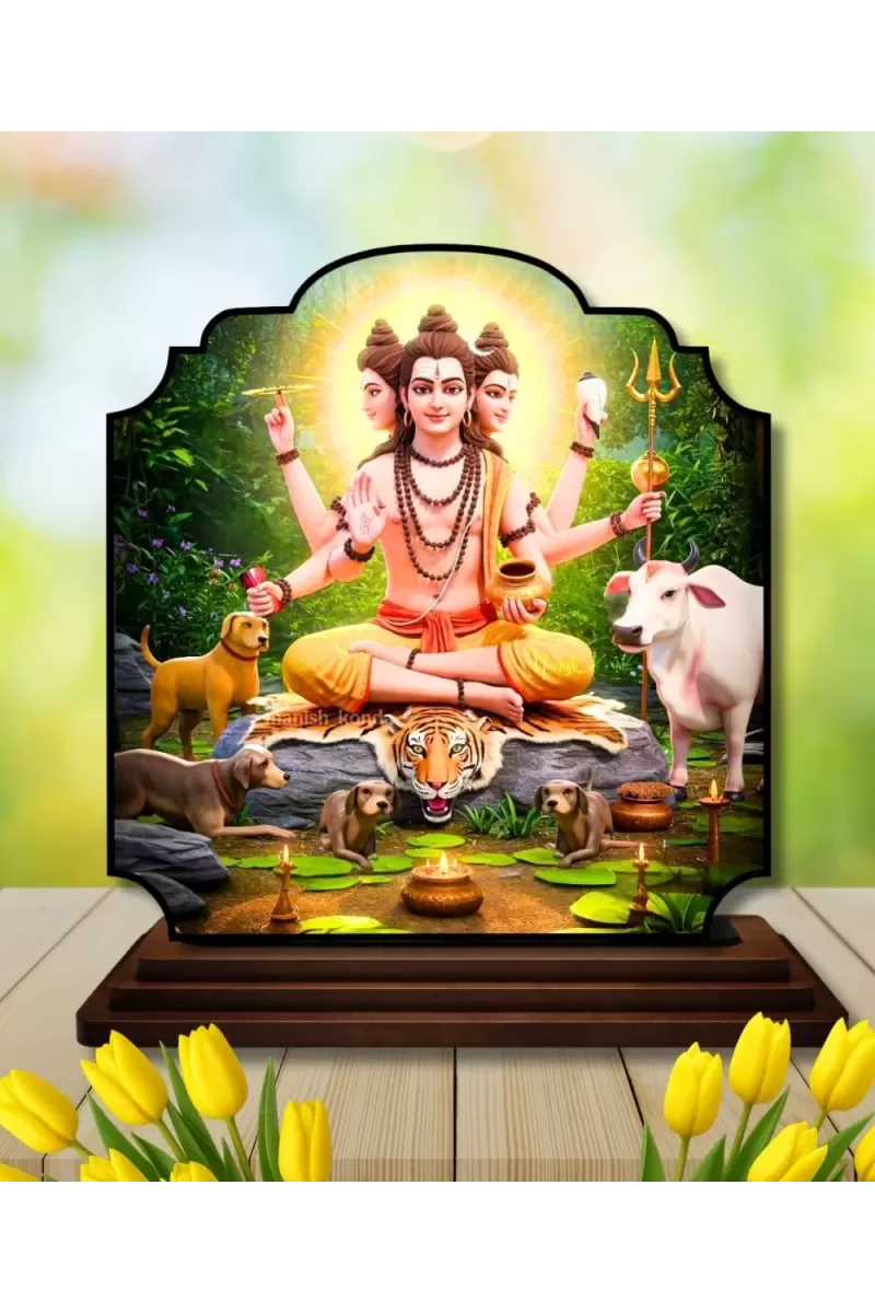 Car Dashboard/Table Top Lord Dattatreya Wooden Rectangle Photo Stand  3x4 Inches, Compact & Stylish Spiritual Display For Car, Home & Office (Pack Of 1) (F22348)