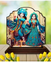 Car Dashboard/Table Top Lord Krishna And Radha Wooden Rectangle Photo Stand  3x4 Inches, Compact & Stylish Spiritual Display For Car, Home & Office (Pack Of 1) (F22352)