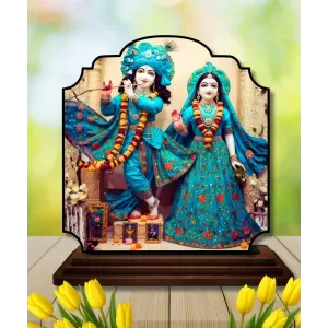 Car Dashboard/Table Top Lord Krishna And Radha Wooden Rectangle Photo Stand  3x4 Inches, Compact & Stylish Spiritual Display For Car, Home & Office (Pack Of 1) (F22352)