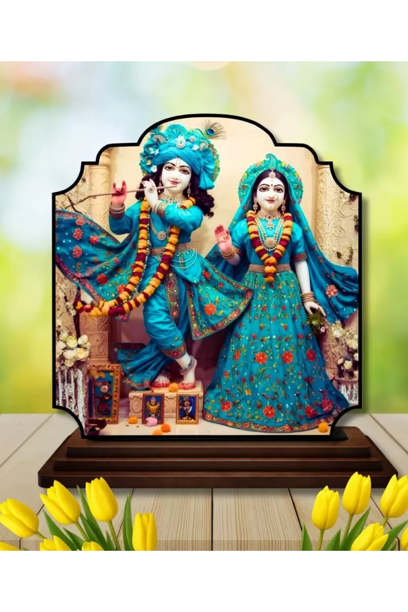 Car Dashboard/Table Top Lord Krishna And Radha Wooden Rectangle Photo Stand  3x4 Inches, Compact & Stylish Spiritual Display For Car, Home & Office (Pack Of 1) (F22352)