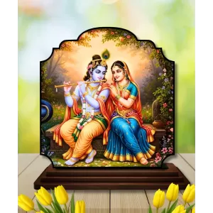 Car Dashboard/Table Top Lord Krishna And Radha Wooden Rectangle Photo Stand  3x4 Inches, Compact & Stylish Spiritual Display For Car, Home & Office (Pack Of 1) (F22356)