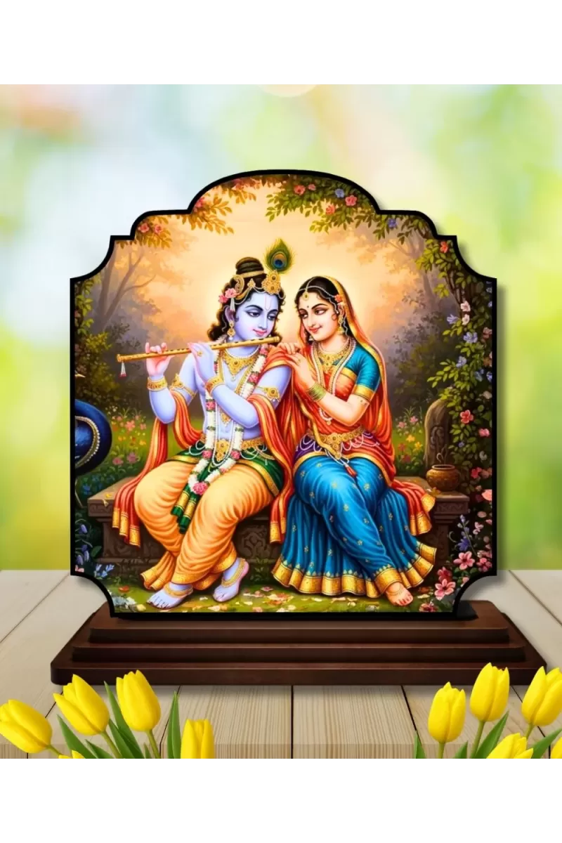 Car Dashboard/Table Top Lord Krishna And Radha Wooden Rectangle Photo Stand  3x4 Inches, Compact & Stylish Spiritual Display For Car, Home & Office (Pack Of 1) (F22356)