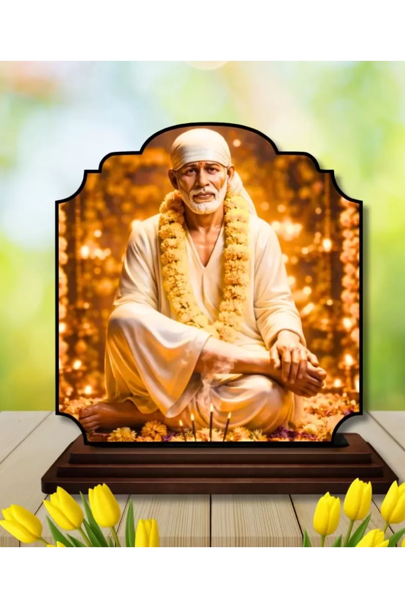 Car Dashboard/Table Top Lord Saibaba Wooden Rectangle Photo Stand  3x4 Inches, Compact & Stylish Spiritual Display For Car, Home & Office (Pack Of 1) (F22357)