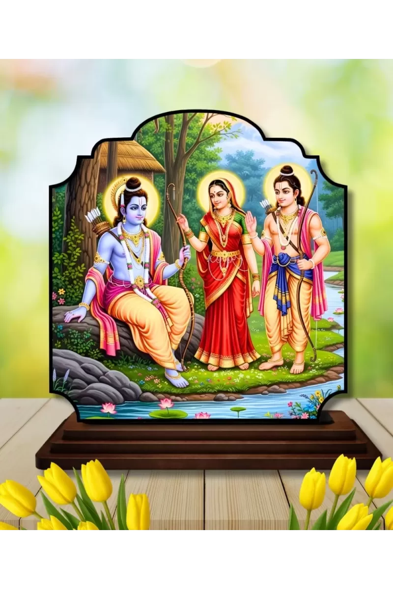 Car Dashboard/Table Top Lord Rama Seetha And Lakshmana Wooden Rectangle Photo Stand  3x4 Inches, Compact & Stylish Spiritual Display For Car, Home & Office (Pack Of 1) (F22359)