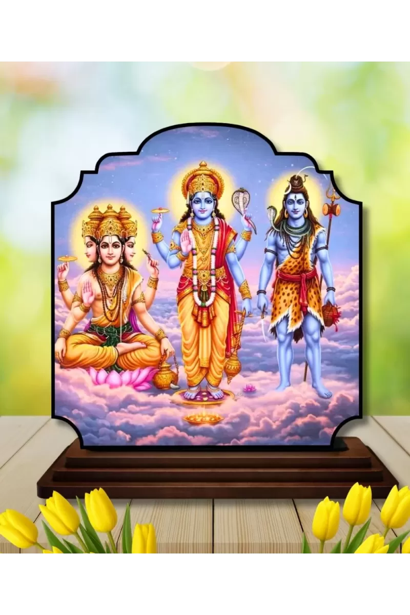Car Dashboard/Table Top Bramha Vishnu Shiva Wooden Rectangle Photo Stand  3x4 Inches, Compact & Stylish Spiritual Display For Car, Home & Office (Pack Of 1) (F22361)