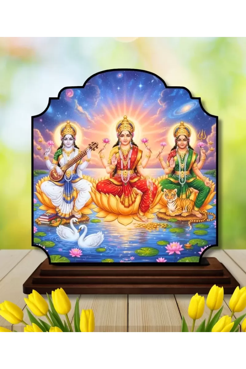 Car Dashboard/Table Top Saraswathi Laskhm Parvathi Wooden Rectangle Photo Stand  3x4 Inches, Compact & Stylish Spiritual Display For Car, Home & Office (Pack Of 1) (F22363)