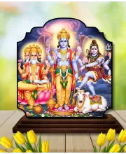 Car Dashboard/Table Top Bramha Vishnu Shiva Wooden Rectangle Photo Stand  3x4 Inches, Compact & Stylish Spiritual Display For Car, Home & Office (Pack Of 1) (F22364)