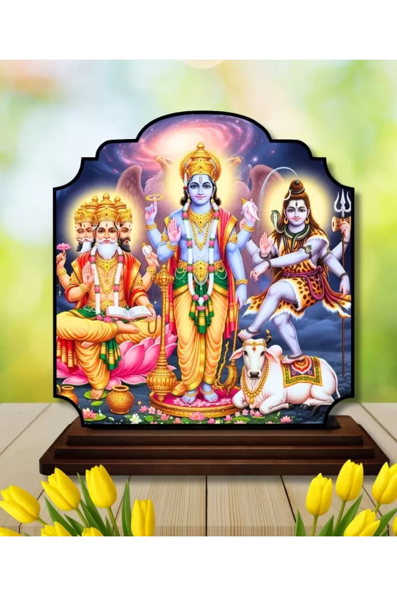 Car Dashboard/Table Top Bramha Vishnu Shiva Wooden Rectangle Photo Stand  3x4 Inches, Compact & Stylish Spiritual Display For Car, Home & Office (Pack Of 1) (F22364)
