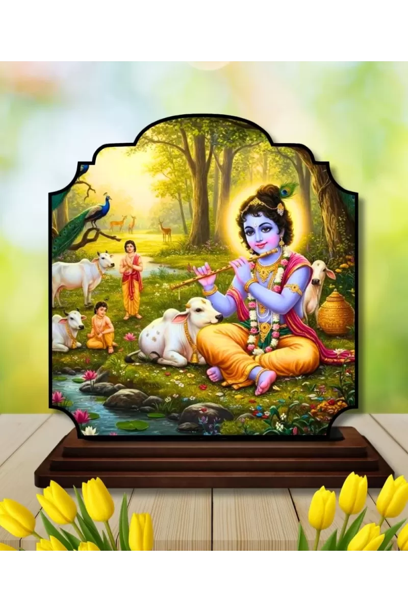 Car Dashboard/Table Top Lord Krishna Wooden Rectangle Photo Stand  3x4 Inches, Compact & Stylish Spiritual Display For Car, Home & Office (Pack Of 1) (F22366)