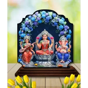 Car Dashboard/Table Top Saraswathi Laskhm Parvathi Wooden Rectangle Photo Stand  3x4 Inches, Compact & Stylish Spiritual Display For Car, Home & Office (Pack Of 1) (F22368)