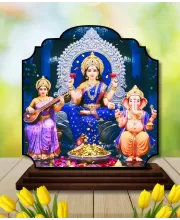 Car Dashboard/Table Top Saraswathi Laskhm Ganesha Wooden Rectangle Photo Stand  3x4 Inches, Compact & Stylish Spiritual Display For Car, Home & Office (Pack Of 1) (F22373)
