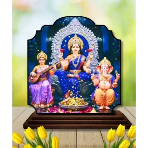 Car Dashboard/Table Top Saraswathi Laskhm Ganesha Wooden Rectangle Photo Stand  3x4 Inches, Compact & Stylish Spiritual Display For Car, Home & Office (Pack Of 1) (F22373)