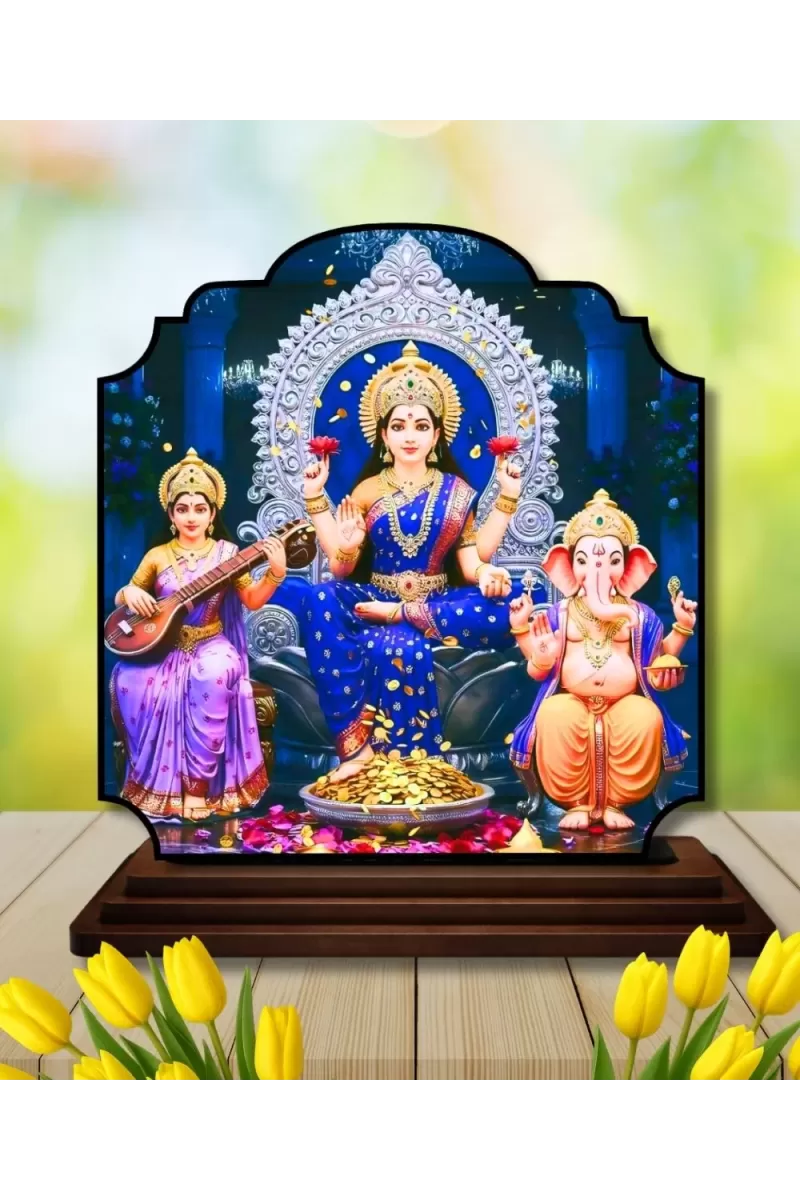 Car Dashboard/Table Top Saraswathi Laskhm Ganesha Wooden Rectangle Photo Stand  3x4 Inches, Compact & Stylish Spiritual Display For Car, Home & Office (Pack Of 1) (F22373)