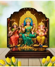 Car Dashboard/Table Top Saraswathi Laskhm Ganesha Wooden Rectangle Photo Stand  3x4 Inches, Compact & Stylish Spiritual Display For Car, Home & Office (Pack Of 1) (F22374)