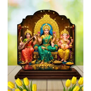 Car Dashboard/Table Top Saraswathi Laskhm Ganesha Wooden Rectangle Photo Stand  3x4 Inches, Compact & Stylish Spiritual Display For Car, Home & Office (Pack Of 1) (F22374)