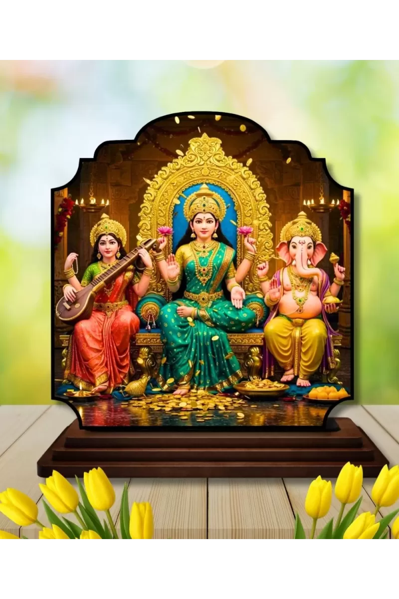 Car Dashboard/Table Top Saraswathi Laskhm Ganesha Wooden Rectangle Photo Stand  3x4 Inches, Compact & Stylish Spiritual Display For Car, Home & Office (Pack Of 1) (F22374)