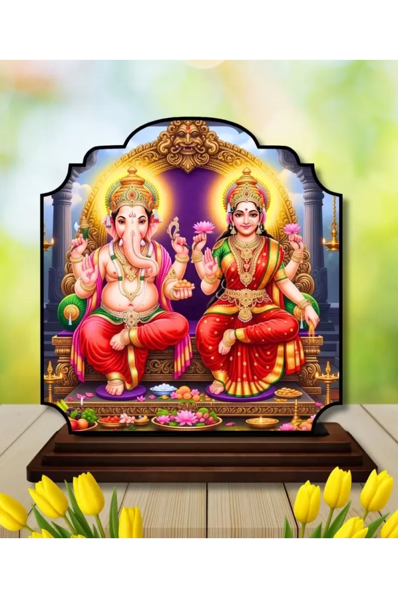 Car Dashboard/Table Top Saraswathi Laskhm  Wooden Rectangle Photo Stand  3x4 Inches, Compact & Stylish Spiritual Display For Car, Home & Office (Pack Of 1) (F22375)