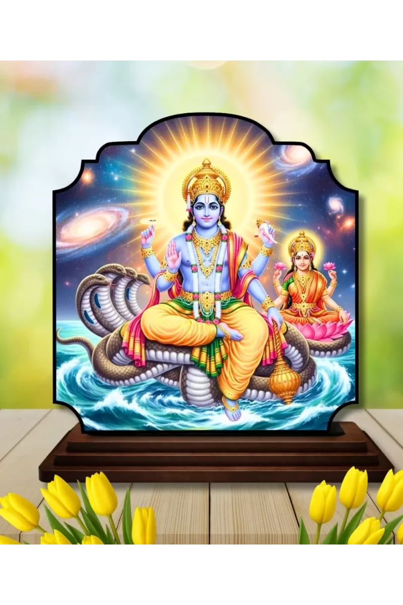 Car Dashboard/Table Top Lord Vishnu And Lakshmi Wooden Rectangle Photo Stand  3x4 Inches, Compact & Stylish Spiritual Display For Car, Home & Office (Pack Of 1) (F22378)