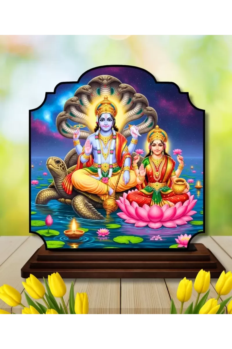 Car Dashboard/Table Top Lord Vishnu And Lakshmi Wooden Rectangle Photo Stand  3x4 Inches, Compact & Stylish Spiritual Display For Car, Home & Office (Pack Of 1) (F22379)