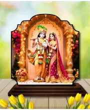 Car Dashboard/Table Top Radha Krishna Wooden Rectangle Photo Stand  3x4 Inches, Compact & Stylish Spiritual Display For Car, Home & Office (Pack Of 1) (F22382)