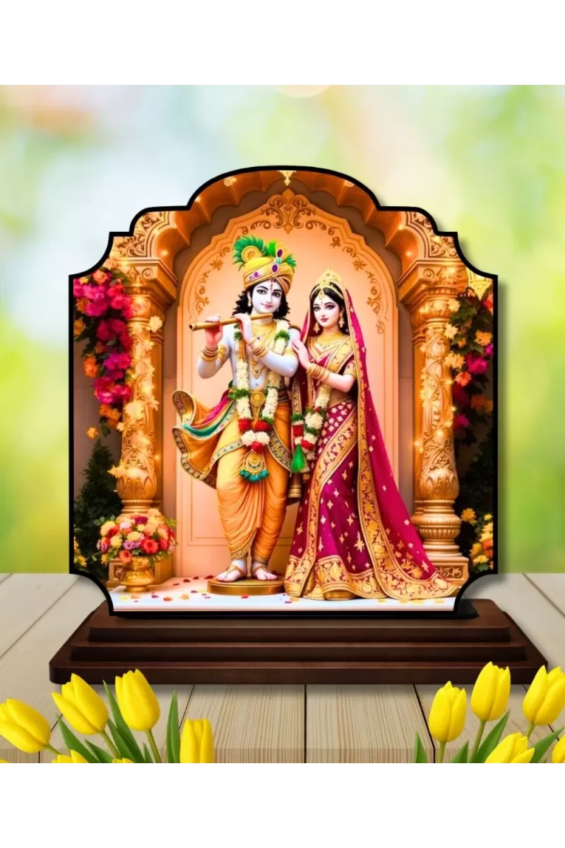 Car Dashboard/Table Top Radha Krishna Wooden Rectangle Photo Stand  3x4 Inches, Compact & Stylish Spiritual Display For Car, Home & Office (Pack Of 1) (F22382)