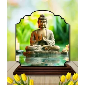 Car Dashboard/Table Top Lord Buddha Wooden Rectangle Photo Stand  3x4 Inches, Compact & Stylish Spiritual Display For Car, Home & Office (Pack Of 1) (F22383)