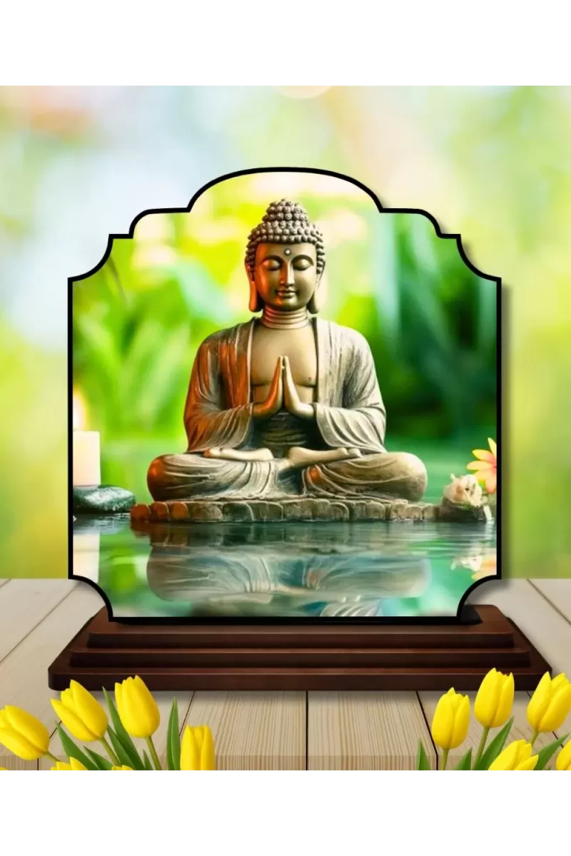 Car Dashboard/Table Top Lord Buddha Wooden Rectangle Photo Stand  3x4 Inches, Compact & Stylish Spiritual Display For Car, Home & Office (Pack Of 1) (F22383)