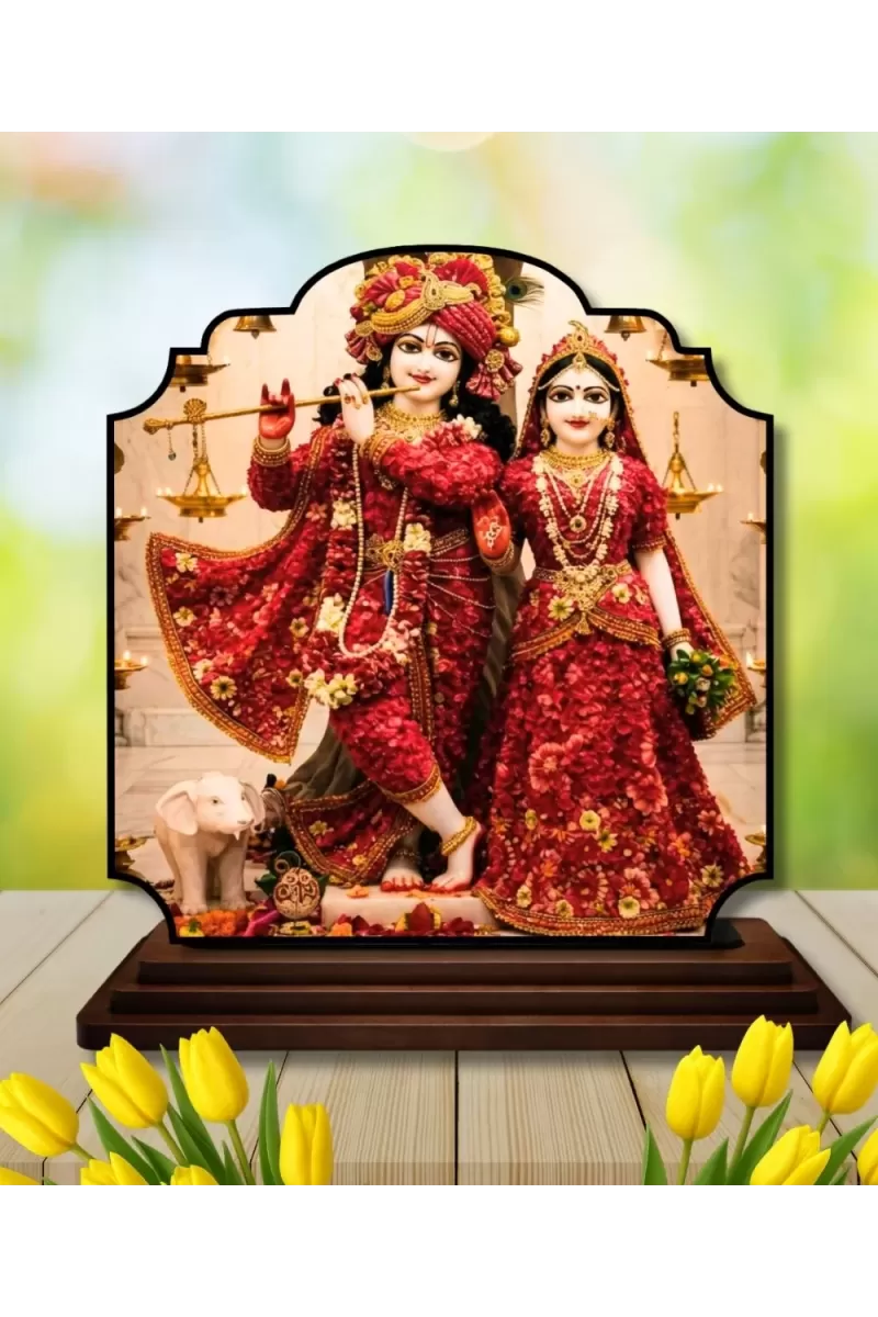 Car Dashboard/Table Top Radha Krishna Wooden Rectangle Photo Stand  3x4 Inches, Compact & Stylish Spiritual Display For Car, Home & Office (Pack Of 1) (F22422)