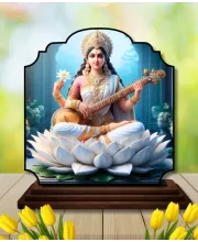Car Dashboard/Table Top Goddess Saraswathi Wooden Rectangle Photo Stand  3x4 Inches, Compact & Stylish Spiritual Display For Car, Home & Office (Pack Of 1) (F22424)